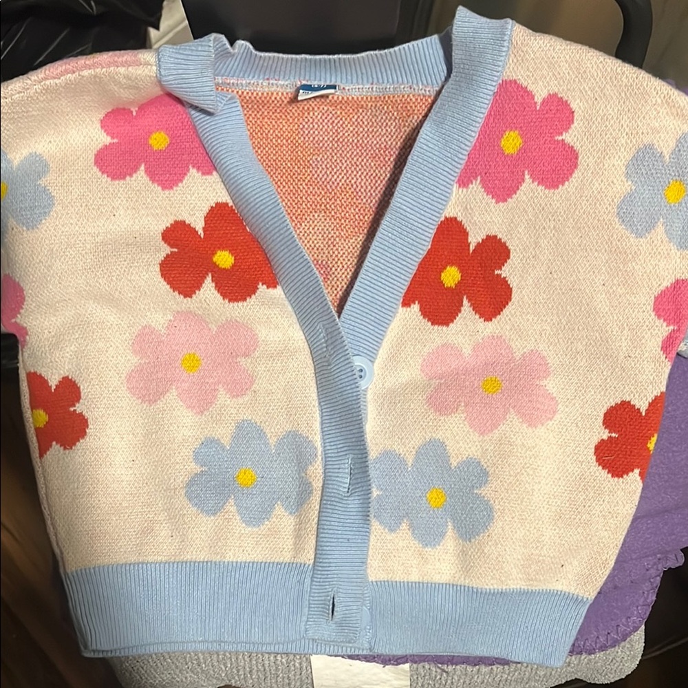 Floral Knit Cardigan with Blue Trim